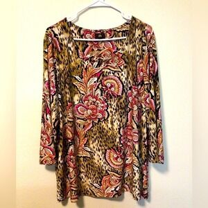 JM Collection Womens 3X Leopard Floral Paisley Knit Top 3/4 Sleeve Pink Orange